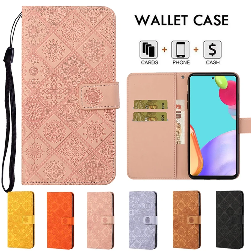 

Leather Wallet Case for Samsung Galaxy A10 A30 A50 A70 A33 A53 A73 A12 A13 A22 A32 A52 A72 A51 A71 Embossed Flower Flip Cover