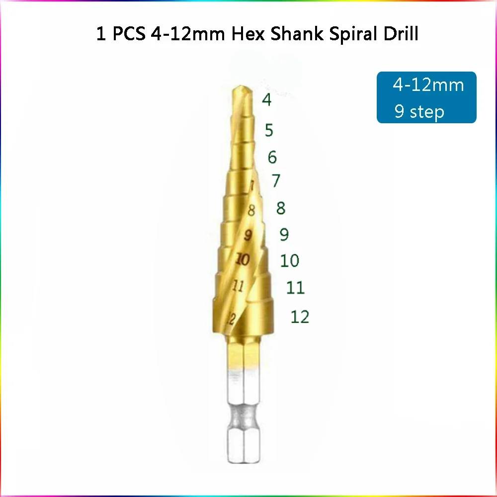 

Сверло со спиральным рифленым титановым покрытием, ступенчатая спиральная канавка с шестигранным хвостовиком, фреза для отверстий в дереве и металле, универсальные электроинструменты 4-12/20/32