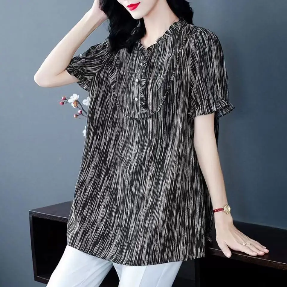 

L-5XL Chiffon Shirt Women's Clothing Summer New Loose Short-sleeved Stripde Pullovers Top