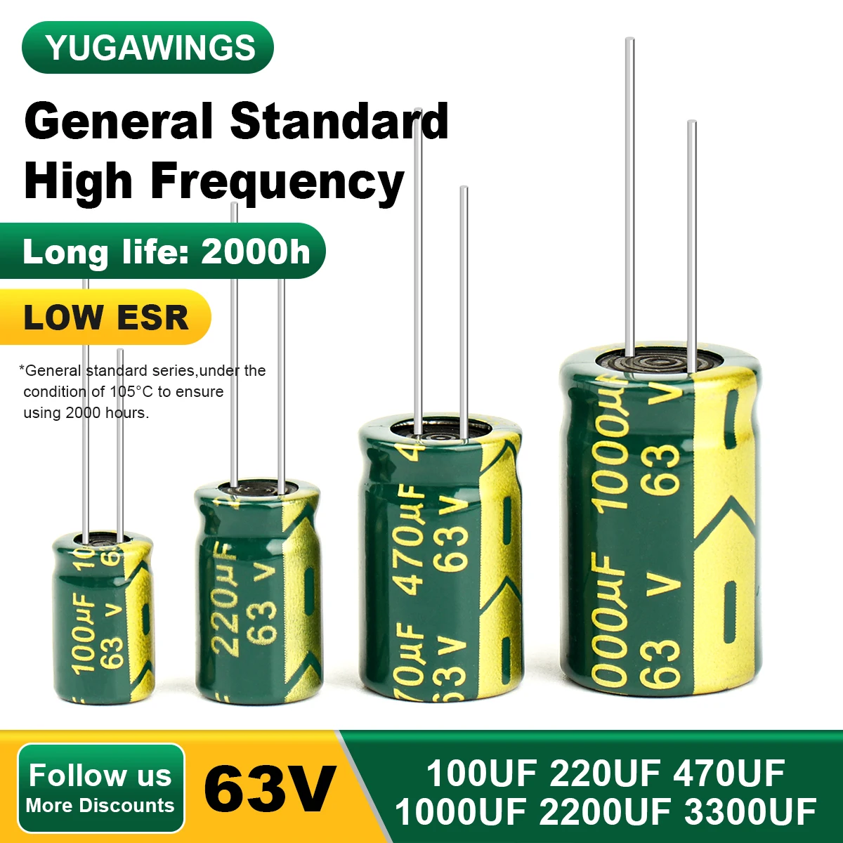 

Aluminum Electrolytic Capacitor 63V 100UF 220UF 470UF 1000UF 2200UF High Frequency Low ESR Capacitors DIY 2000Hours Long Life