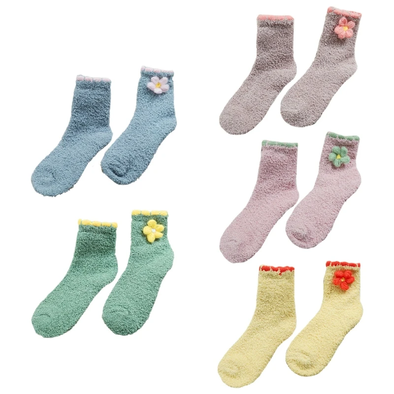 

Женские зимние коралловые бархатные пушистые носки-тапочки, милые 3D цветочные чулочно-носочные изделия для сна, Прямая поставка