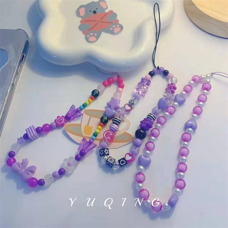 

Fashion Popularity Boutique Small Fresh Purple Smiley Butterfly Resin Stripe Beaded Mobile Phone Chain Jewelry Accessories Girl