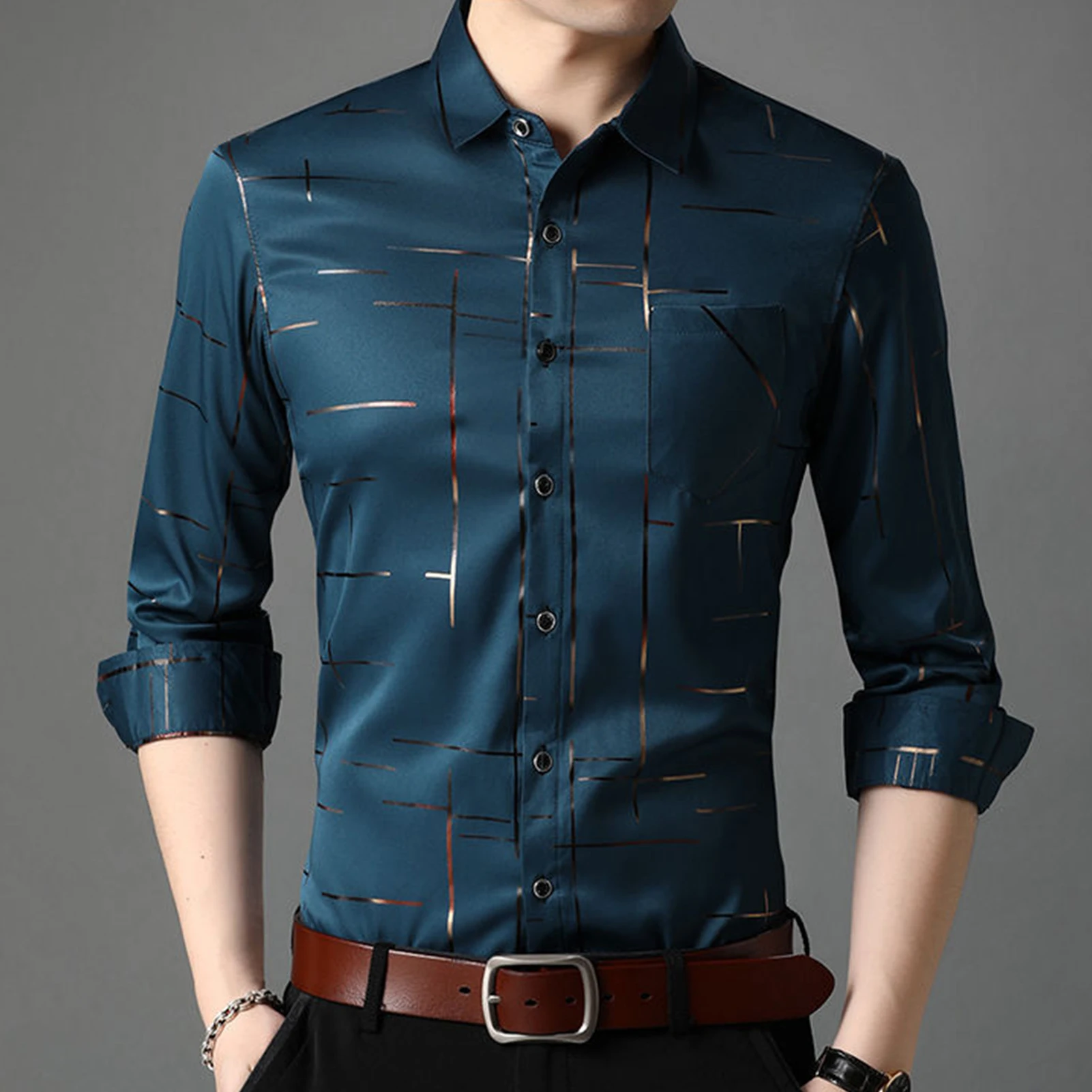 

Slim Men Shirt Dress Long Sleeve Turn Down Collar Stripes Single-breasted Polo Business Shirt Top