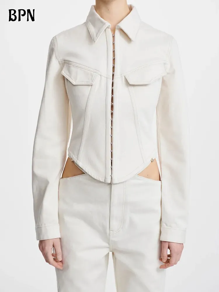 

BPN Casual Soild Denim Jacket For Women Lapel Long Sleeve Patchwork Single Breasted Slimming Autumn Coat Female Fashion Clothing