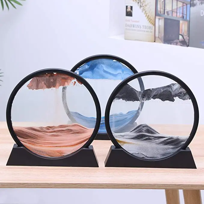 

Moving Sand Art Picture,3D Deep Sea Sandscape in Motion Display Flowing Sand Frame Flowing,Round Glass Grit Photo Hourglass
