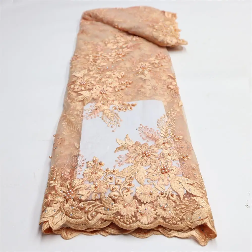 

Latest African Embroidery Beaded Lace Fabric with pearl 2022 High Quality Nigerian Beaded Lace Fabric for Wedding Dress LY1513