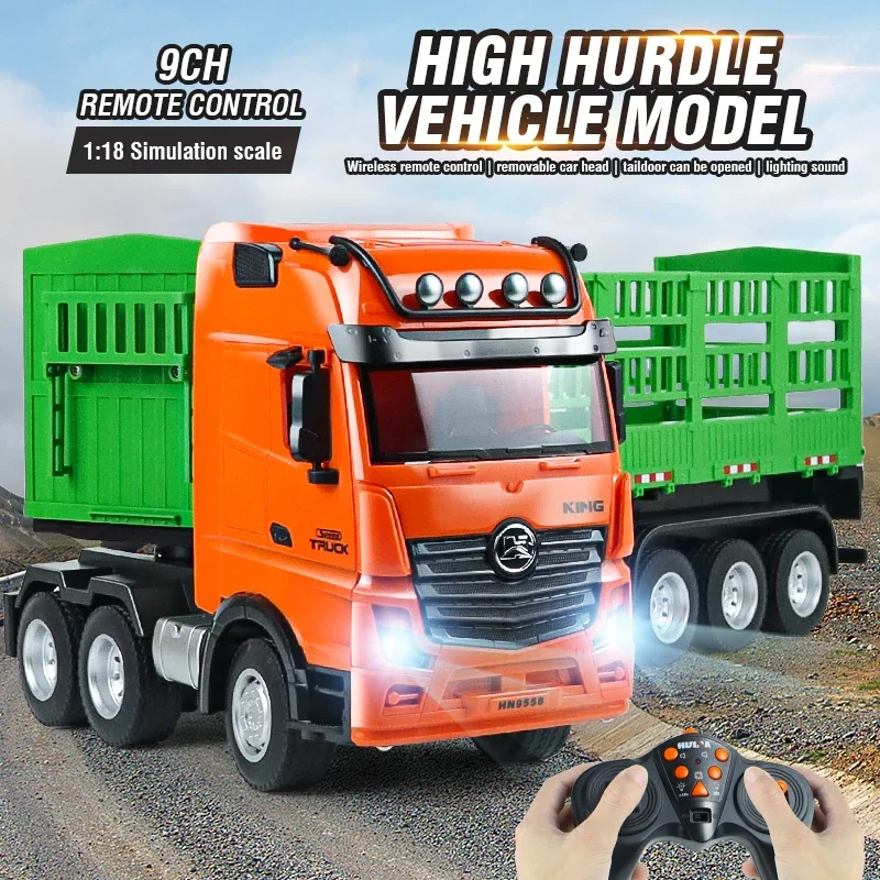 1:18 RC Transporter High Hurdle Truck 9CH Semi Trailer With Sound Light Remote Control Rotation Engineering Vehicle Kids Toys