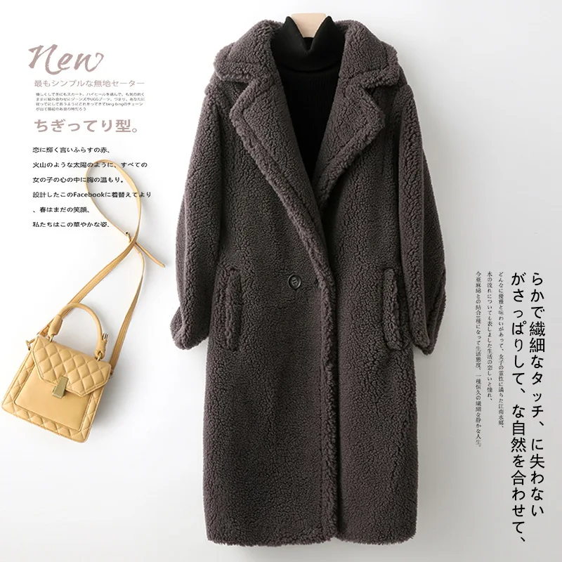 Winter New Cashmere Medium Length Lamb Faux Fur Coat for Women Solid Long Sleeve Faux Fur Coat Women Winter Jacket