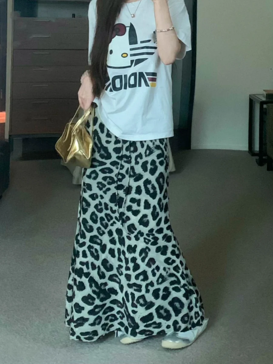 Gaganight Женская Ретро серая леопардовая длинная юбка с принтом рыбий хвост летняя