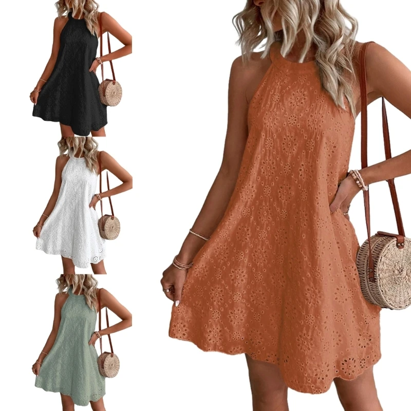 

Women Sleeveless Halter Keyhole Back Solid Color Hollow-Out Floral Midi Dress