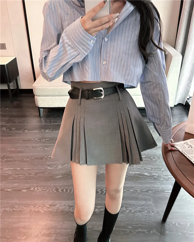 

Женская плиссированная мини-юбка в клетку, серая короткая трапециевидная юбка с высокой талией, в американском винтажном стиле, для колледж...