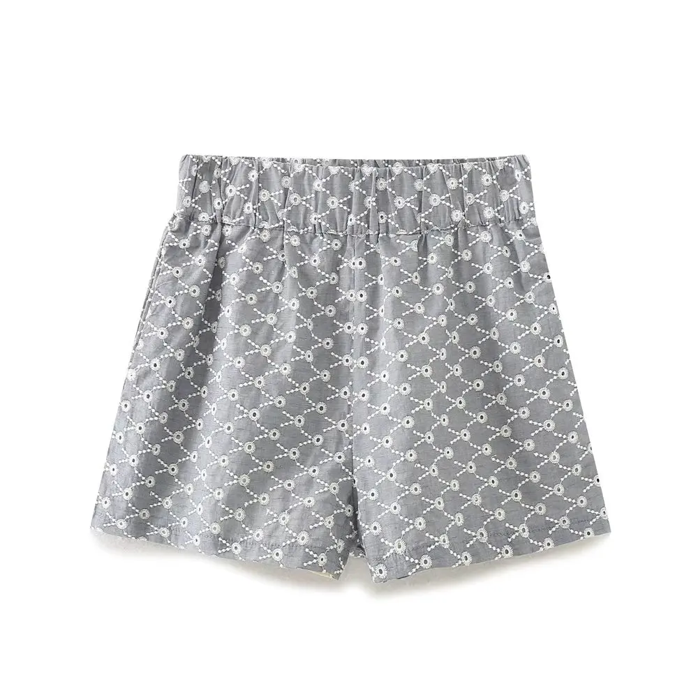 Dave&Di  Fashion Ladies  French Ethnic Shorts Style Geometric Hollow Embroidery Cotton Summer Bermuda Shorts Women