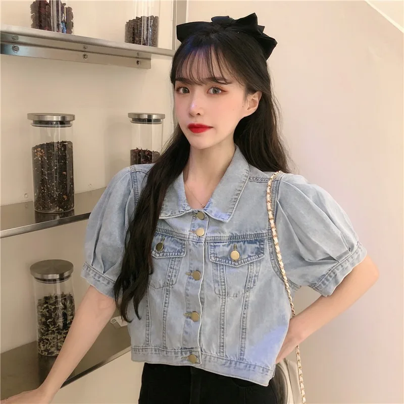 

Blouse Women Summer Turn-down Collar Single Breasted Loose Puff Sleeve Short Denim Shirt 2022 New Female Casual Tees Tops