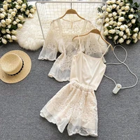 women embroidery broderie organza see through hollow out lace flare sleeve blouse lace shorts sets casual women two piece sets