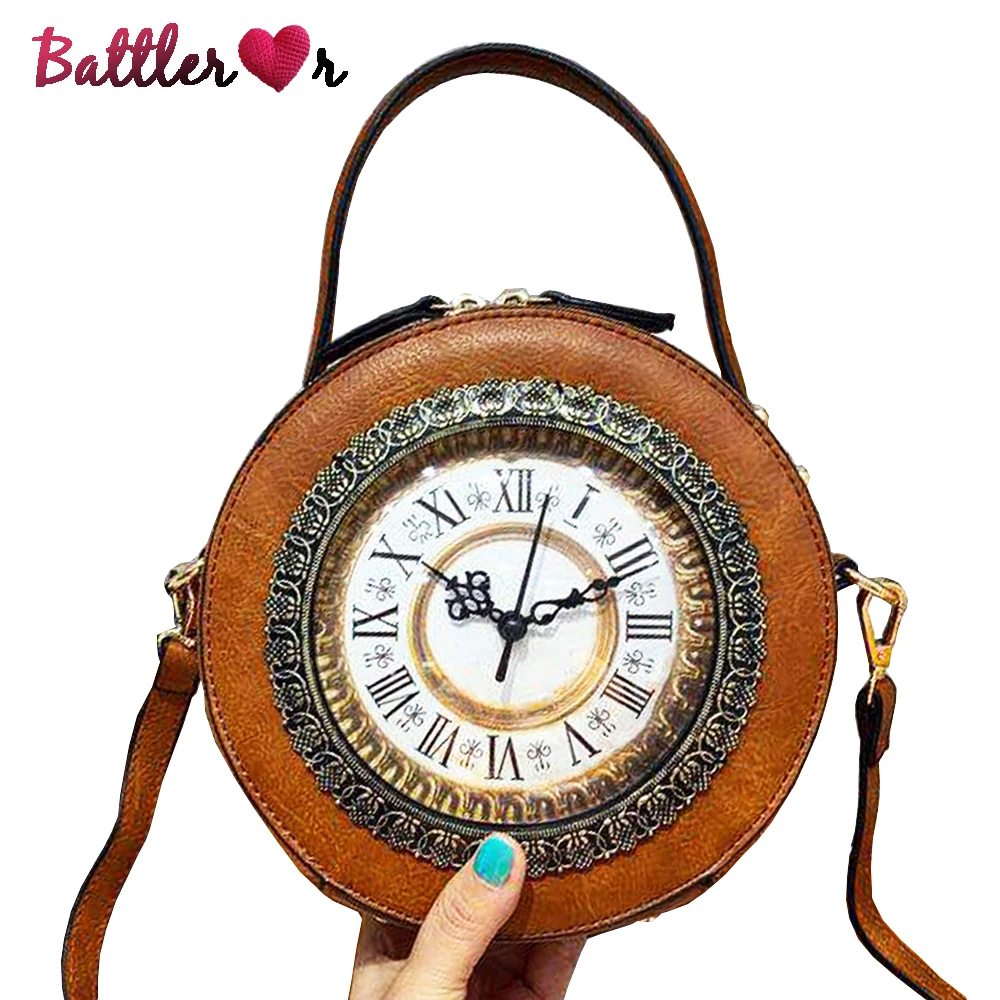 

Vintage Roma Real Clock Women's Bag Retro Hand-held Package Walkable Clock Gril's Fashion Evening Bag Shoulder Crossbody Handbag