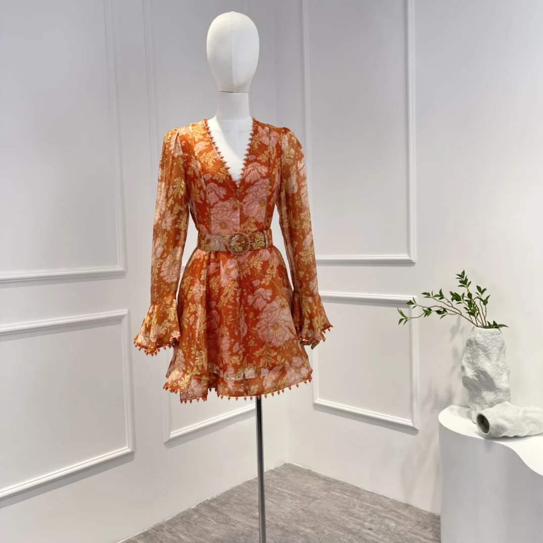 

Женское мини-платье с цветочным принтом, красное платье с V-образным вырезом и расширяющимся книзу рукавом, весна 2023