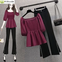 french off shoulder square neck chiffon shirt top womens 2022 summer new loose high waist casual pants elegant womens suit
