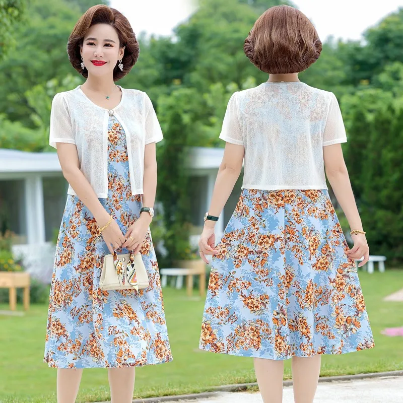 

Elegant Dresses For Women Spring Summer Fake two-piece Dress O-Neck Knee-length Short Sleeve Casual Beach Vestidos