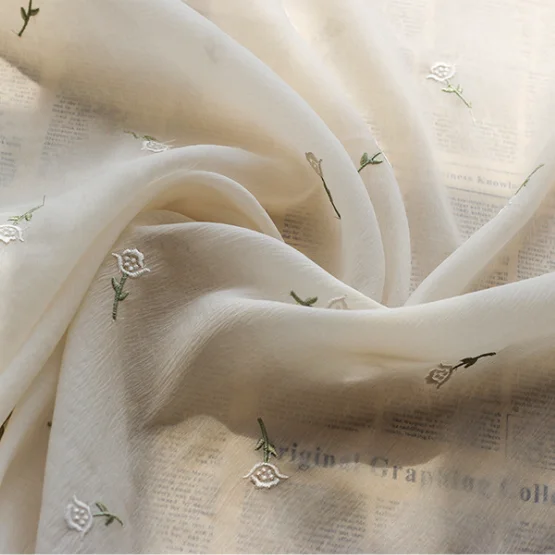 

New Silk Crepe Thin Chiffon Fabric Three-dimensional Small Floral Embroidery Fabric For Dress Skirt ,By The Meter