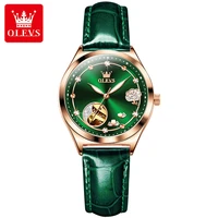 olevs 2022 new women green camellia trend dial top brand luxury diamond waterproof leather automatic mechanical women watch set