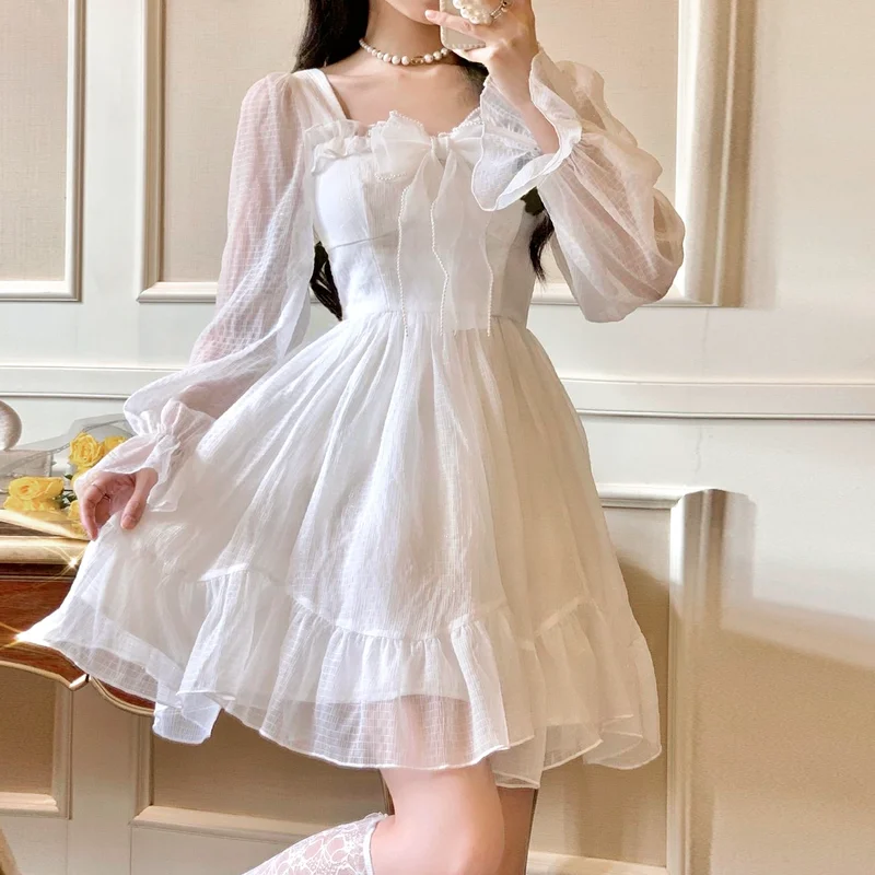 

French Sweet Lolita Dress Women Long Puff Sleeve Y2k Lace Party Dress Vintage Kawaii Square Collar Mini Dress Korean 2022 Spring