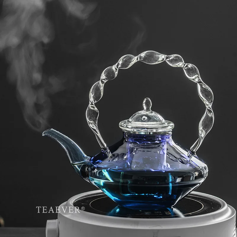 

2022 Blue twisted glass teapot high-value Klein blue high borosilicate heat-resistant glass pot Kung Fu tea set