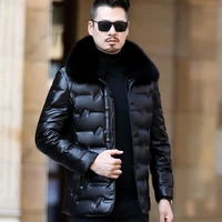 2022 fur collar fox leather jacket men white duck liner tops winter mens down coat plus size 4xl handsome mens clothing