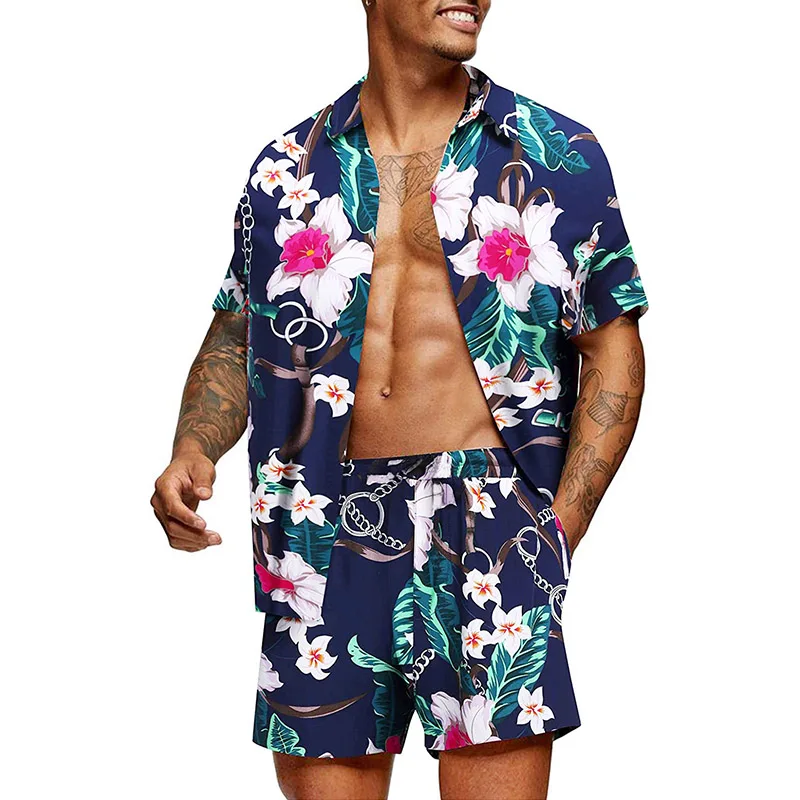 

2022 Men Sets Print Patchwork Lapel Short Sleeve Casual Shirt Beach Shorts Summer Streetwear Vacation Hawaiian Suits Men S-4XL