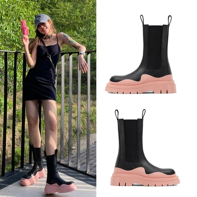 Женские ботильоны из натуральной коровьей кожи на платформе с эластичным