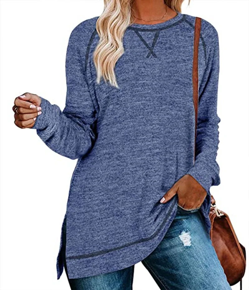 

Autumn 2022 Pullover Tops for Women Oversized Crewneck Long Sleeve Loose Sweatshirt Ladies Casual Slit T-shirt Vetement Femme
