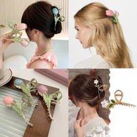 2022 new fashion pink 3d tulip hair clip for women girls summer elegant flower large shark clip hair accessories fairy headwear