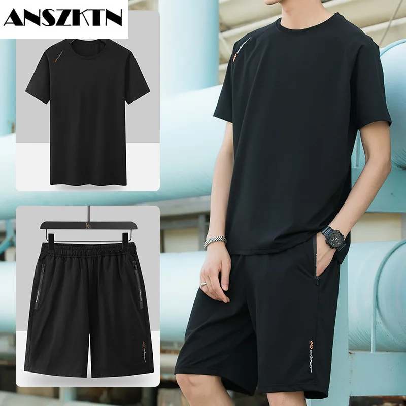 

Летняя шелковая мужская футболка ANSZKTN с коротким рукавом, Мужская одежда, красивый тонкий Быстросохнущий комплект из двух предметов, трендовая одежда
