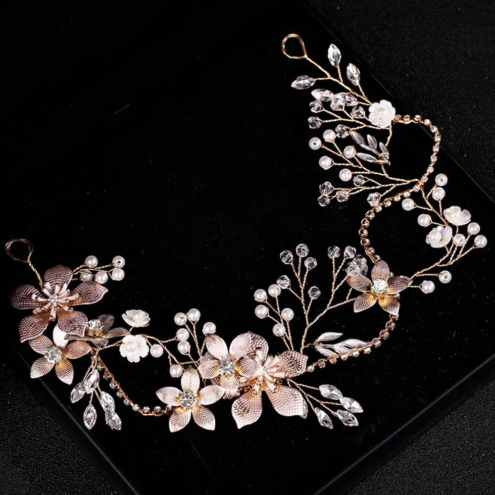 

Женская Жемчужная Повязка на голову, диадема, свадебные аксессуары для волос с цветами, золотистая повязка на голову, модные свадебные укра...