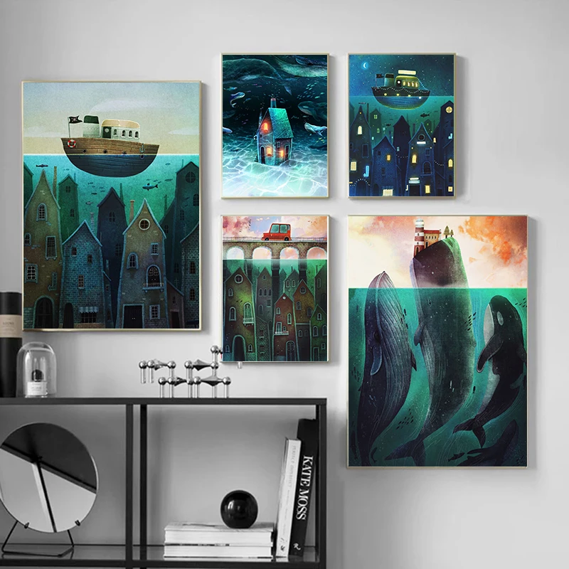 

Underwater Creatures Whale Picture Abstract Poster Prints House Boat Car Wall Art Canvas Painting Nordic Style Kids Room Decor