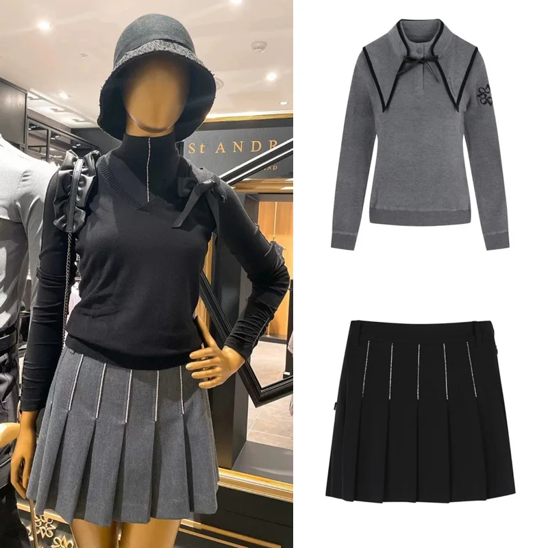 

New Autumn And Winter Golf Clothing Women's Elegant Lapel Long-sleeved Top All-match Slim-fit Fashionable Elegant Pleated Skirt