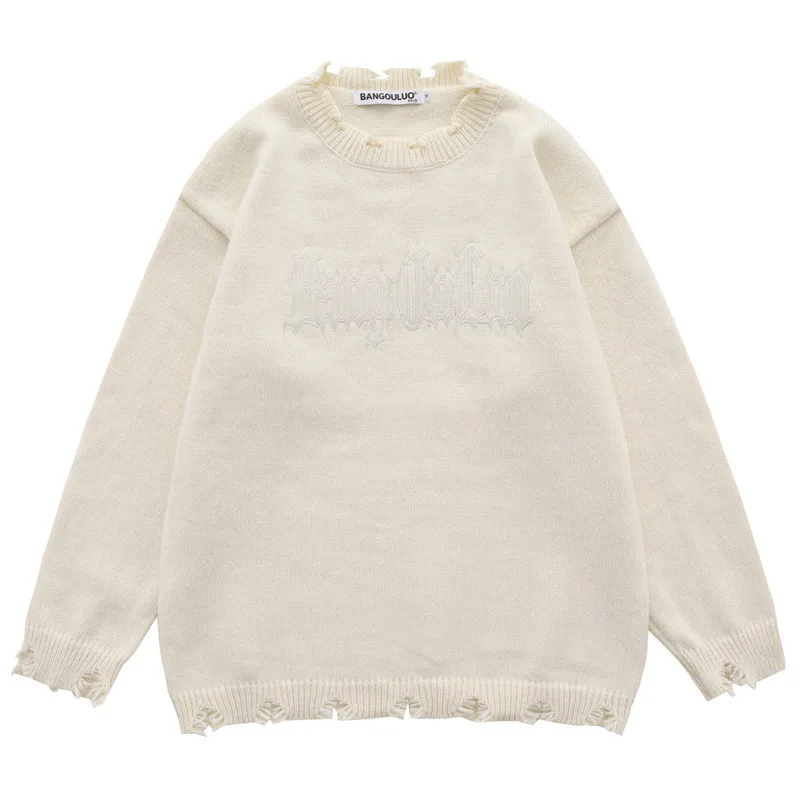 

High Street Hip Hop Hole Breaking Sweater Men Loose Letter Embroidery Round Neck Couple Knit Sweater Autumn and Winter