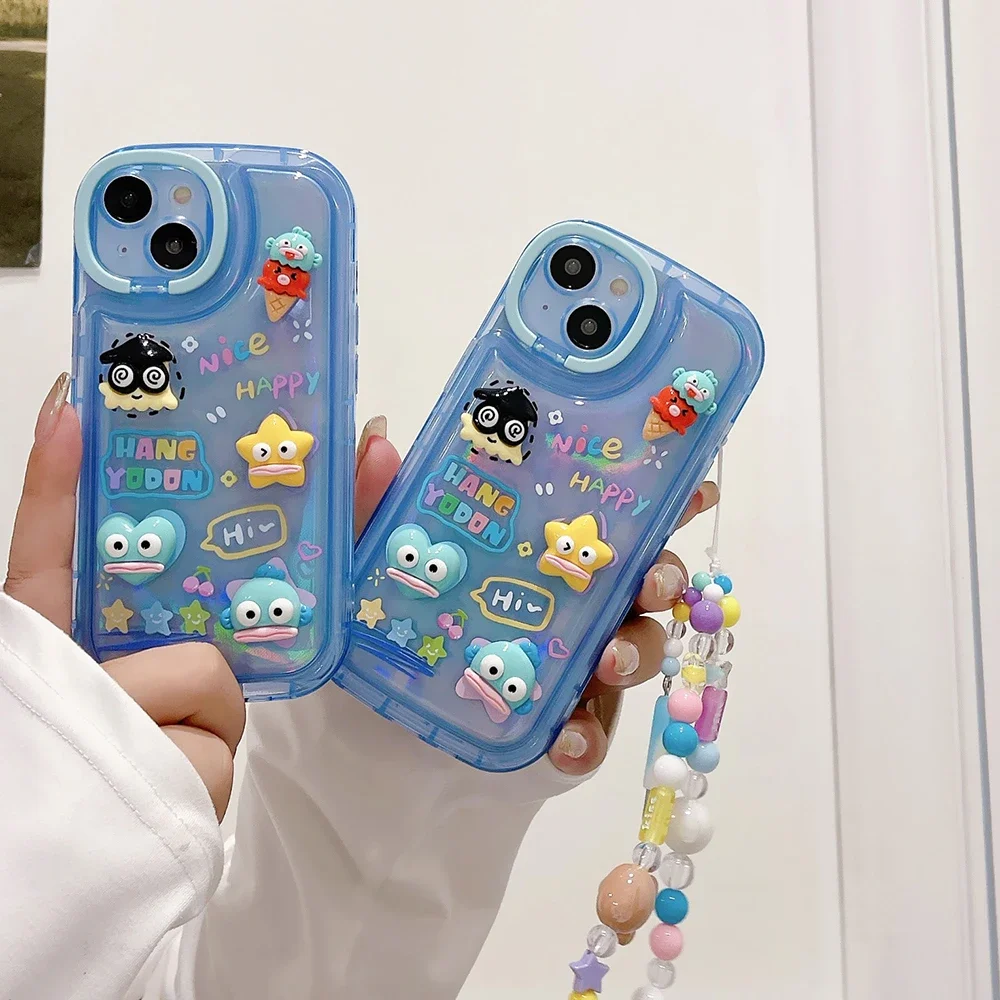

Cute 3D Sanrios Hangyodon Doll with Lanyard Invisible Bracket Phone Cases for IPhone 15 14 13 12 11 Pro Max Plus Back Cover
