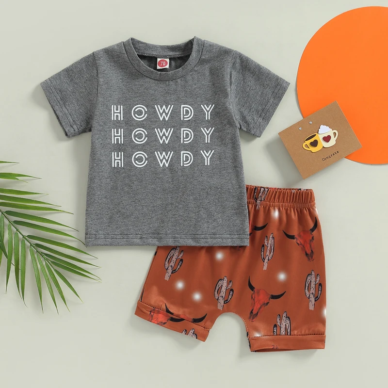 

2023-02-24 Lioraitiin 0-24M Infant Boy Summer Clothes Outfits Letter Print Crew Neck Short Sleeve T-Shirts Cow Head Print Shorts