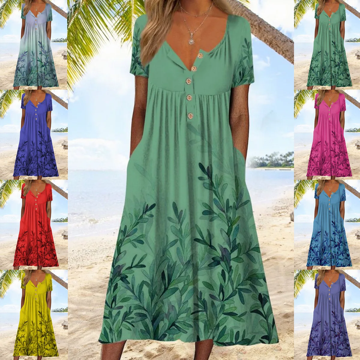 

2023 Summer Women's casual flower single row button medium length straight dress