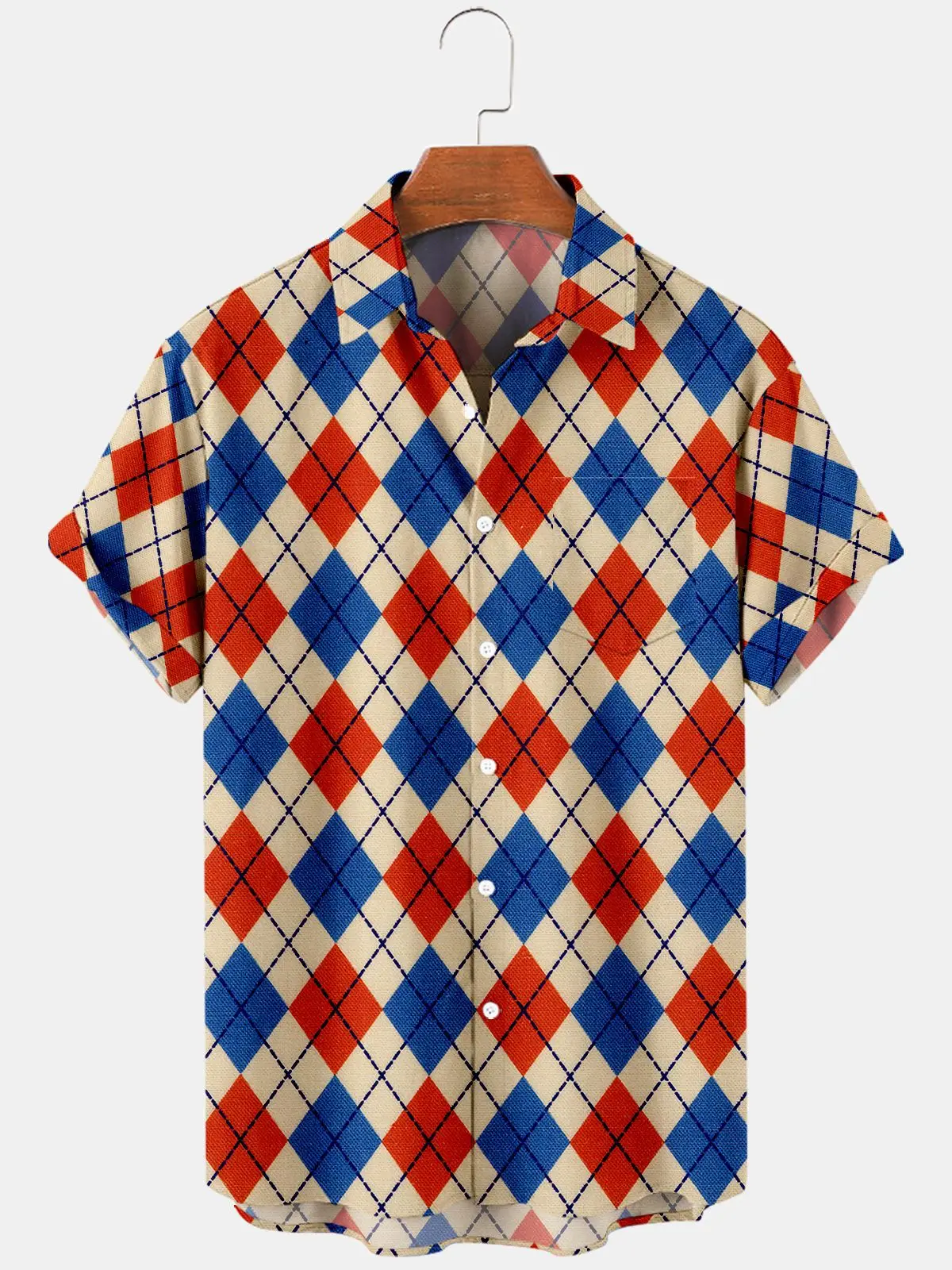 2023 Summer Button-down Shirt Men's and Women's Retro Diamond Plaid Hawaiian Colorful Shirt Short Sleeve Top for Party