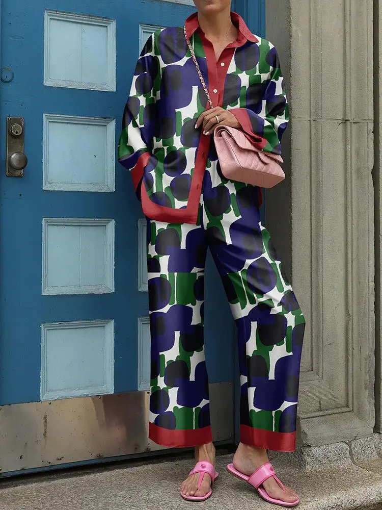 Женский брючный костюм с винтажным принтом свободная рубашка длинным рукавом и