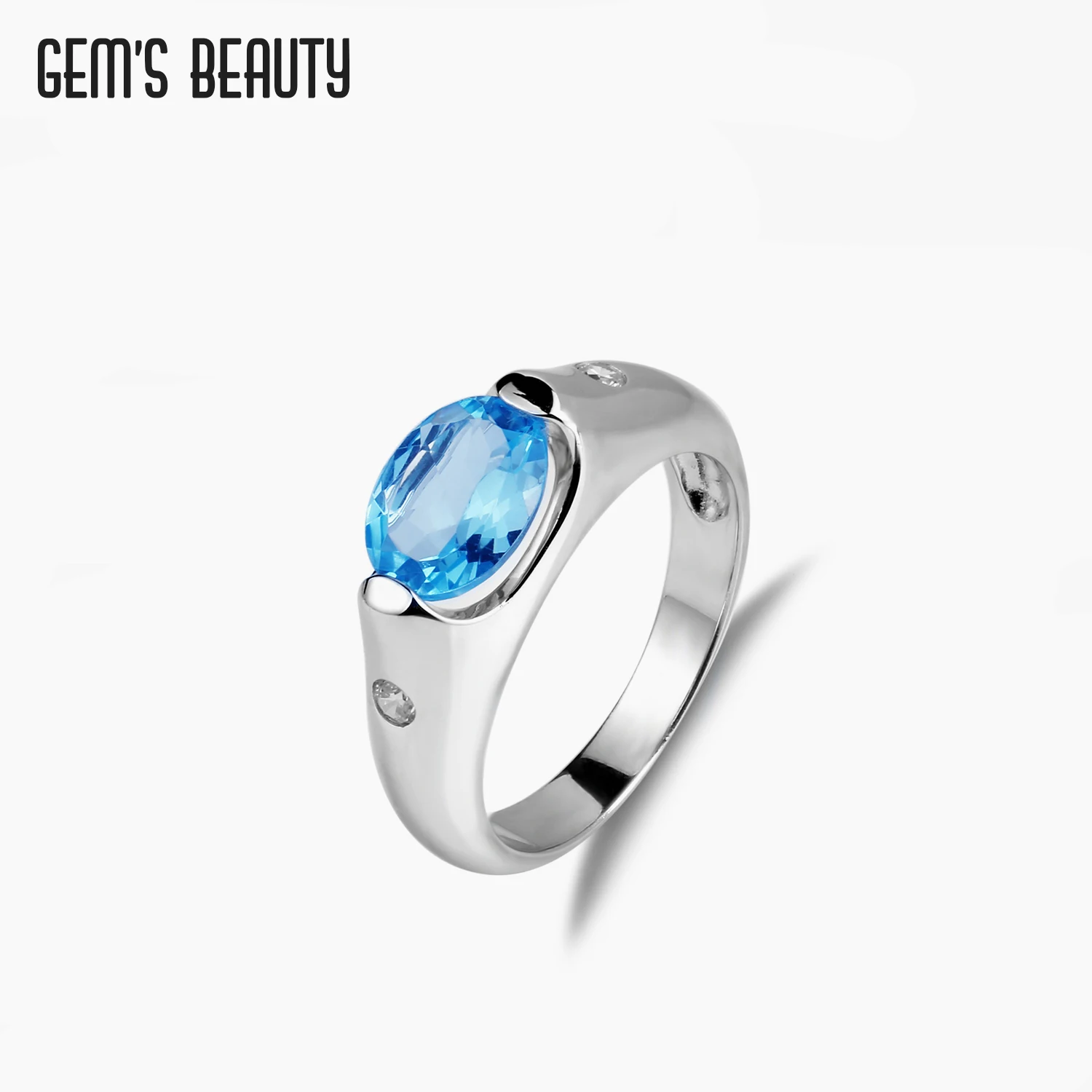 GEM'S BEAUTY 925 Sterling Silver Natural Swiss Blue Topaz Rings 2021 Style Oval Handmade For Women Couple Romantic Gift |