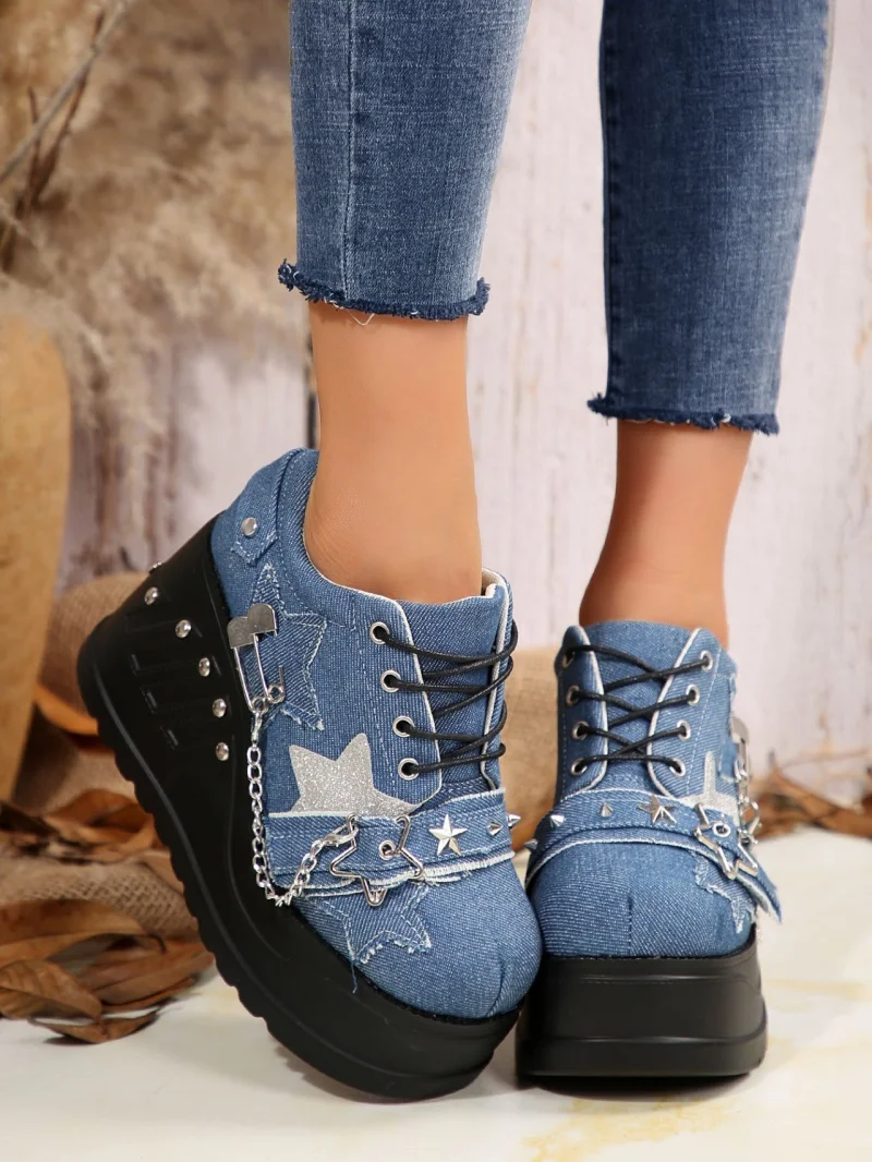 Новые джинсовые туфли на толстой подошве с высокой посадкой шнуровке большие