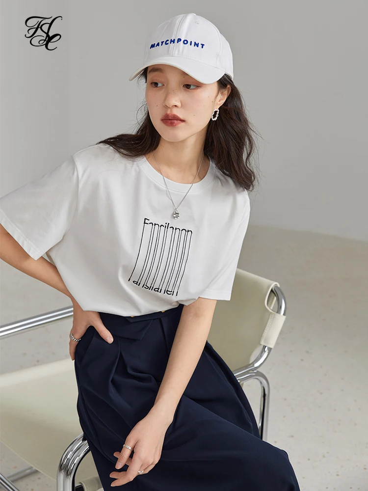 

FSLE Round Neck Short Sleeve T-shirts Loose Midweight Straight Office Lady Letter Printing Solid Spring Cotton Tees