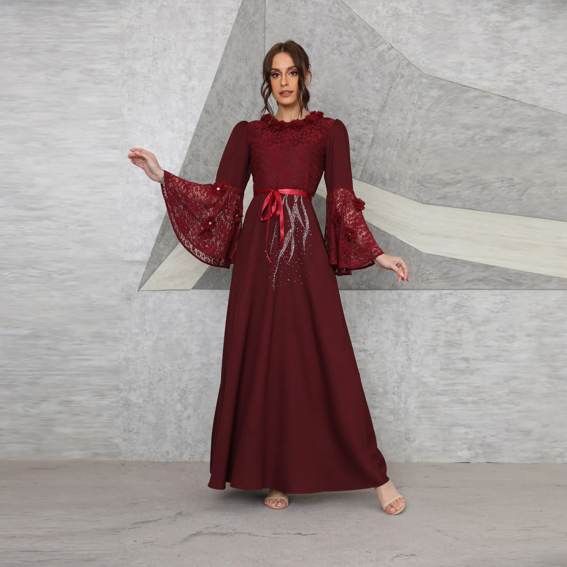 

2022 New Muslim Wine Red Lace Sequins Arab Dress