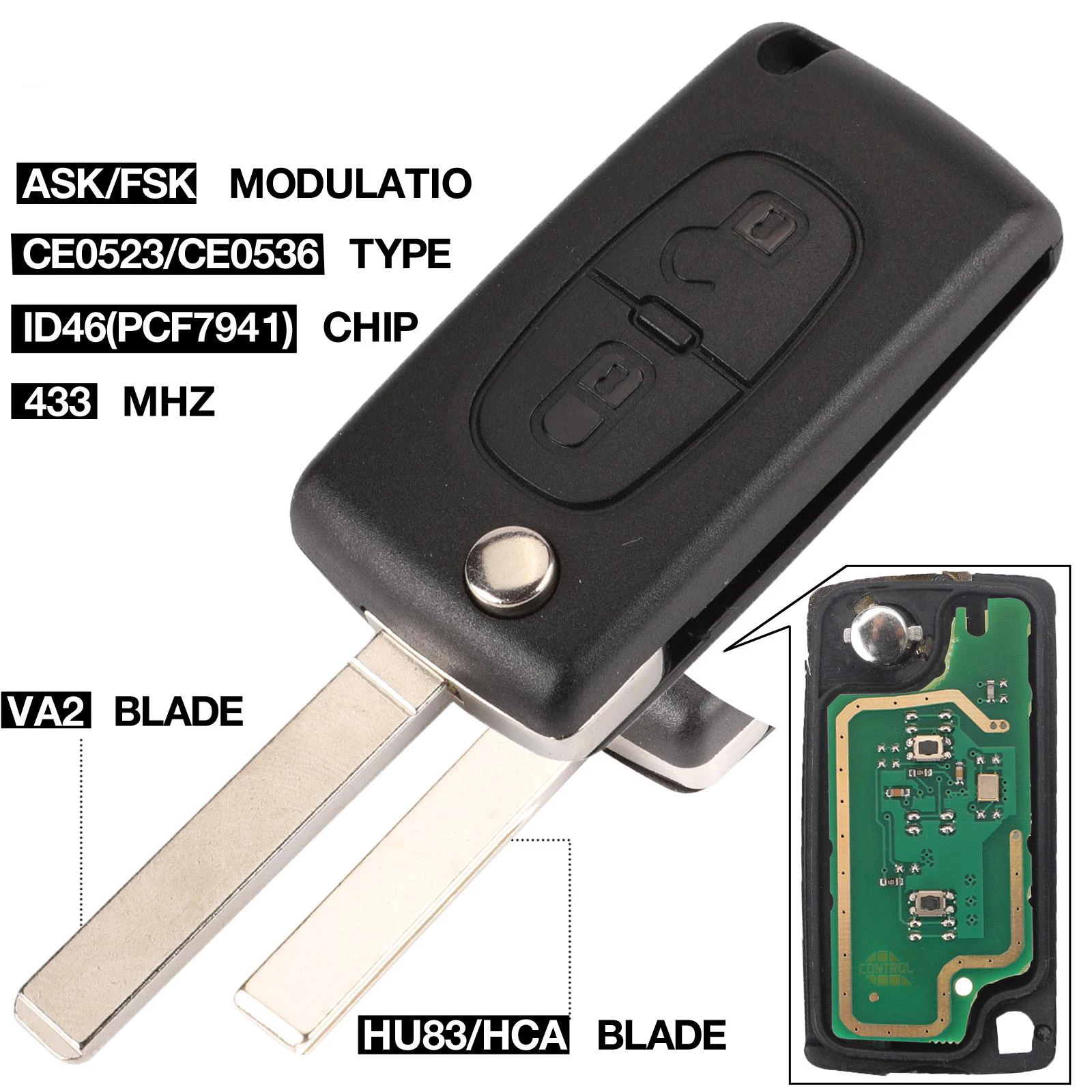 

Флип-ключ 434 МГц FSK/ASK с 2 кнопками для Peugeot 107 207 307 307S 308 407 607, пульт дистанционного управления с чипом PCF7961 PCF7941