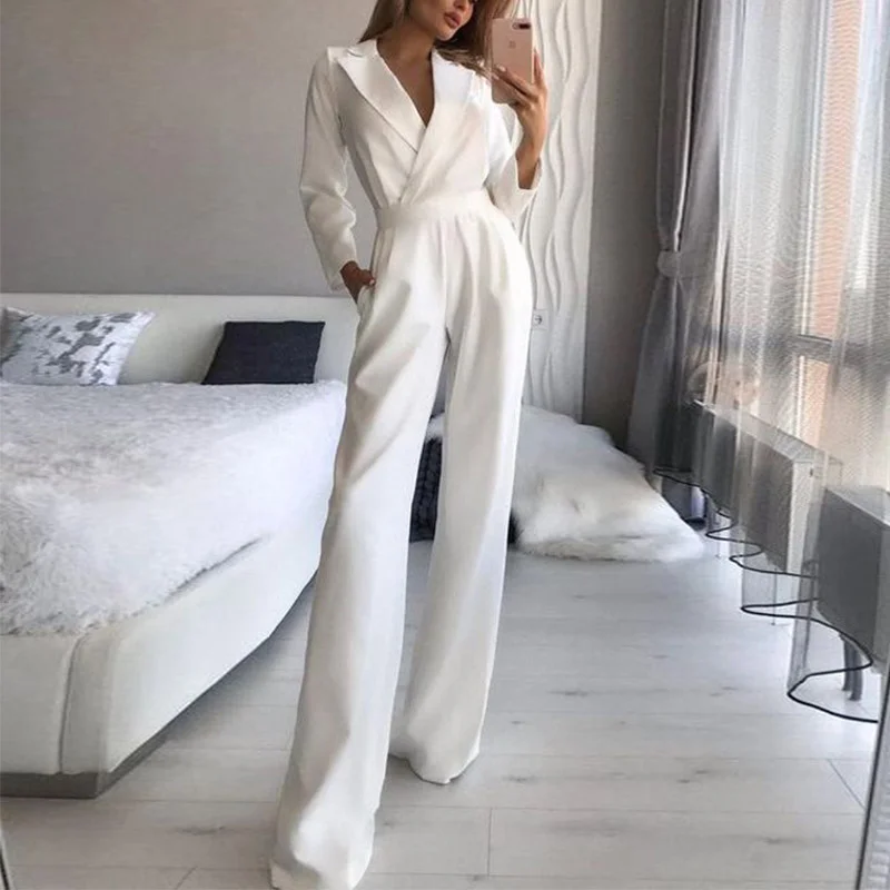 

2023 Casual Elegant Summer Solid Long Sleeve Jumpsuits Notched Women High Waist Wide Leg Rompers Loose Office Lady's Junpsuit