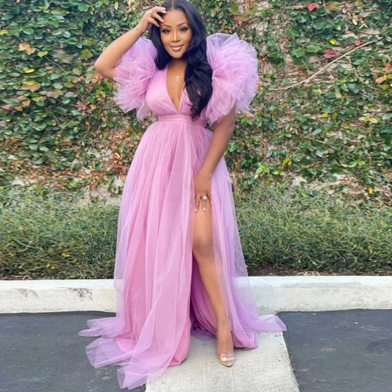 2023 New in Women Tull Maxi Dress White Pink Deep V Neck Puff Sleeve Birthday Formal Evening Party Long Dresses