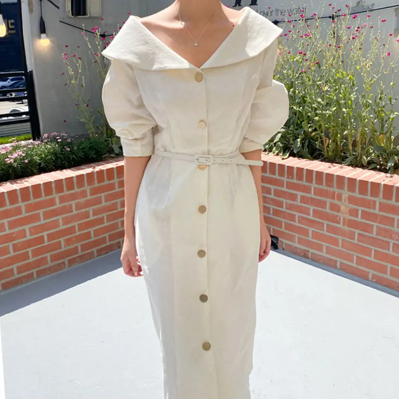 

Женское винтажное платье-рубашка с поясом, Элегантное однобортное Платье макси с заклепками, офисное платье белого цвета, 2022