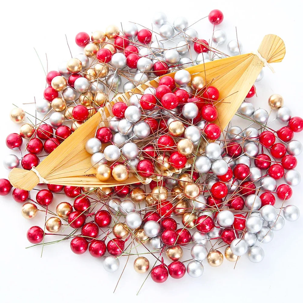 

100pcs Artificial Berries Gold Silver Red Cherry Stamen Mini Fake Flowers Pearl Beads for DIY Christmas Party Craft Decoration
